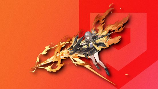 Honkai Star Rail characters - Trailblazer against a red background with the Pocket Tactics logo on it