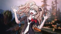 Mystery games: Junko Enoshima pulling a silly face, pasted on a blurred screenshot from Life is Strange of Max and Chloe walking on train tracks