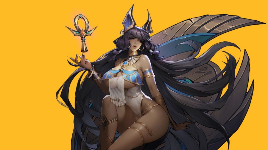 Omniheroes hero image showing a woman with wolf-esque features holding an Egyptian looking symbol with various ornate clothing and a massive cape flying behind her.