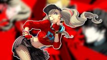 Persona 5 Ann: Ann from Persona 5 Dancing in Starlight, dressed instreetwear (a red hoodie, a tartan miniskirt, fishnets, and a black cap, with red streaks in her hair) outlined in white and pasted on a blurred Persona 5 background