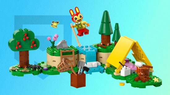 Animal Crossing Lego – Bunnie springt mit einem gelben Zelt und einem Werkzeugkasten davor über einen Bach