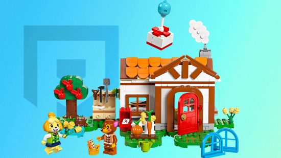Animal Crossing Lego – Isabelle besucht ein Haus mit Möbeln, Lebensmitteln und Werkzeugen draußen
