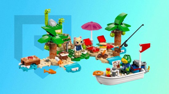 Animal Crossing Lego – Kapp’n in einem Boot und ein Tier, das auf einer Insel steht, aus Lego