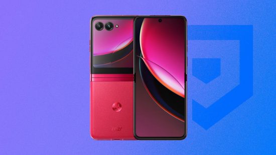 best Motorola Phones - A foldable pink Razr 40 Ultra on a purple Pocket Tactics background