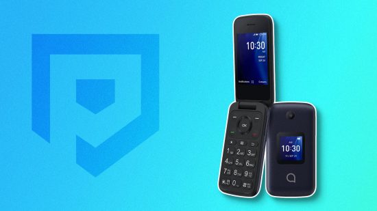 Best flip phones - the Alcatel Go Flip 4 against a blue background with the Pocket Tactics logo on it