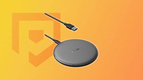best wireless chargers - A black Anker wireless charger on a yellow Pocket Tactics background