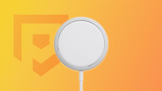 best wireless chargers - A white Apple MagSafe charger on a yellow Pocket Tactics background