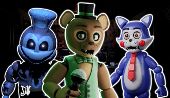 FNAF fan games: Three FNAF fan games characters outlined in white and pasted on a blurred FNAF location