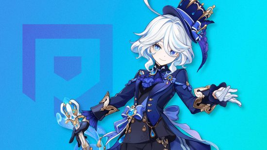 Genshin Impact-Rangliste – Furina mit einem Stab vor blauem Hintergrund mit dem Pocket Tactics-Logo