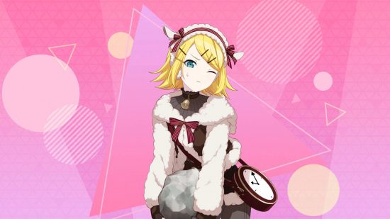 Project Sekai cards: Rin dressed as a fluffy sheep with a clock bag, straining as she holds a giant boulder with some sweat rolling down her face. She is on a pink geometric background