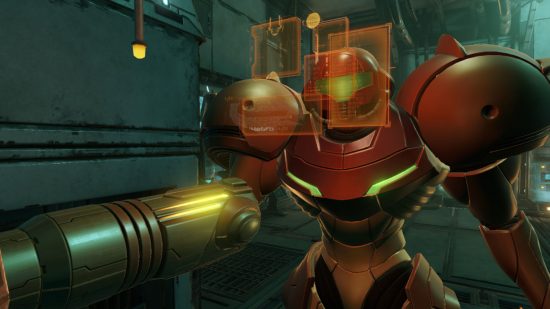 Screenshot of Samus using a digital interface for Metroid Prime Remastered entry in single-player games guide