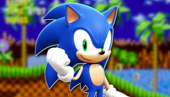 Sonic games: Sonic outlined in whitre and pasted on a blurred classic green hill zone screenshot