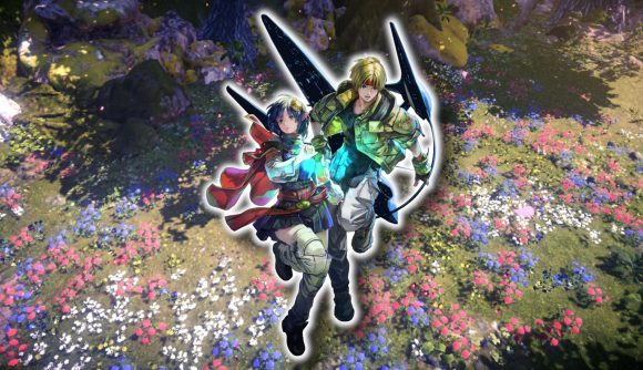 Star Ocean The Second Story R review - Rena and Claude against a background with pixelated flowers