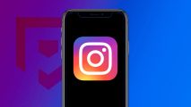 What is Instagram: Instagram's app icon on a black-screened iPhone, which is pasted on a purple to blue gradient PT background that matches Instagram's brand colours