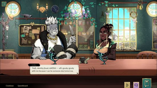 Tavern Talk review - two characters sitting at the bar with drinks in front of them