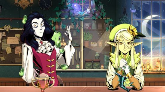 Tavern Talk review - two characters sitting at the bar with drinks in front of them
