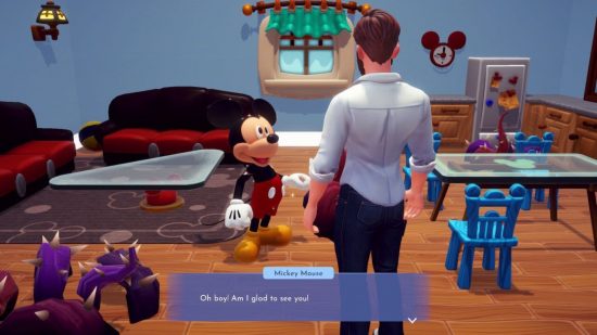 Best iPad games: Disney Dream Light Valley. Image shows Mickey Mouse talking to a man in his house. Text reads "Oh boy! Am I glad to see you!"