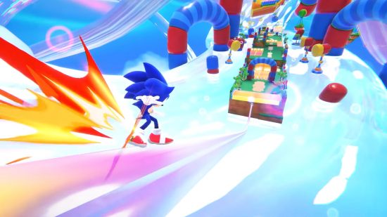 Best iPad games: Sonic Dream Team. Image shows Sonic grinding down a realm in the dream world.