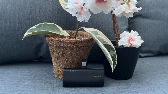 Best iPhone power banks: A picture of the Charmast mini power bank in black leaning against two orchids in pots on a grey sofa
