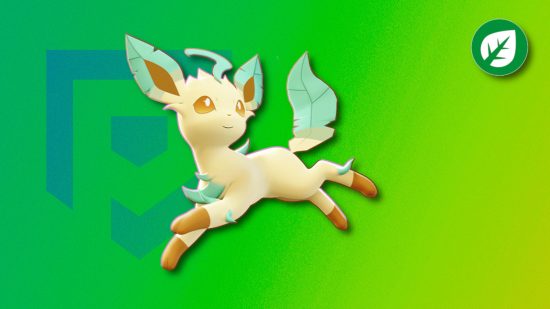 Grass Pokemon: Leafeon from Unite pasted on a green PT background with the Pokemon grass logo in the top right corner