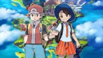 Pokemon regions: The Pokemon Red protagonist next to the Pokemon Scarlet female protagonist, both outlined in white and pasted on a blurred map of Galar