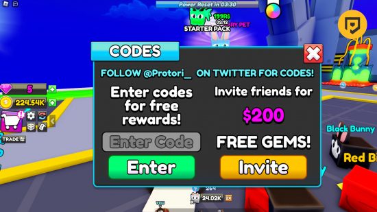 Ride a Cart Simulator codes: A screenshot of the code redemption screen in the game, with a yellow PT logo in the top right corner