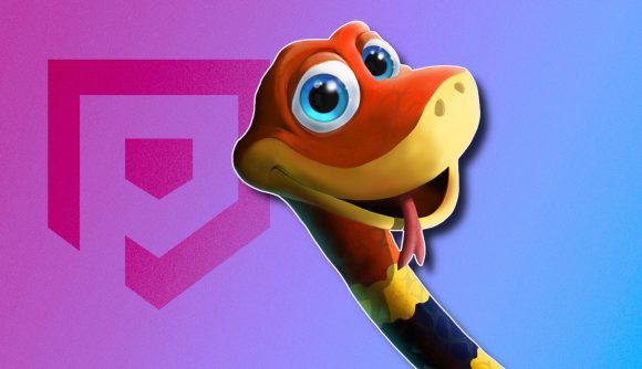 Snake games: Noodle the snake from Snake Pass outlined in white and drop-shadowed on a dark purple to blue gradient PT background