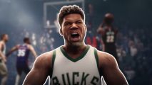 Custom image for NBA Infinite pre-registration news with Giannis Antetokounmpo celebrating a point