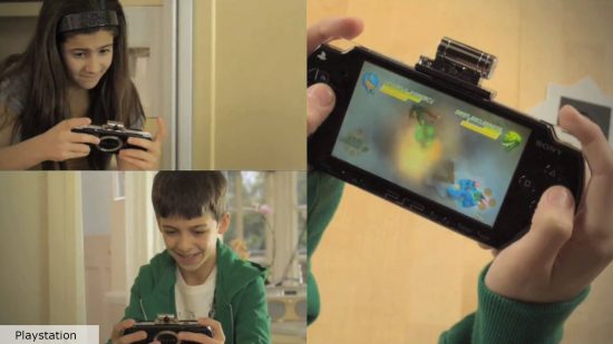 Peridot bad AR game: The YouTube thumbnail for the Invizimals E3 trailer showing kids using the PSP camera to catch invisible beasts