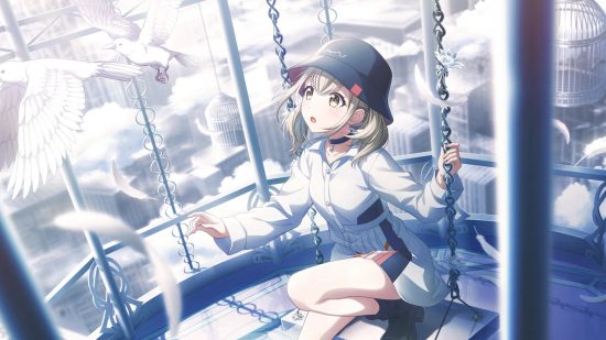 Project Sekai events: Kanade sat in a white birdcage on a swing looking wistful and curious