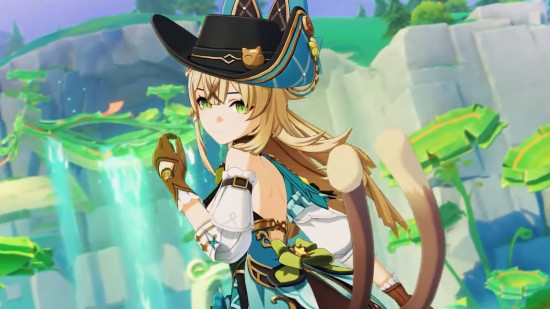Genshin Impact skins - Kirara wearing a wide hat and a Fontaine-theme outfit