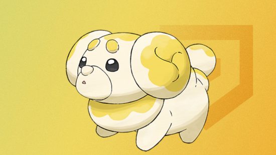 Image personnalisée de l'art officiel de Fidough sur fond jaune pour le meilleur guide Pokémon pour chien