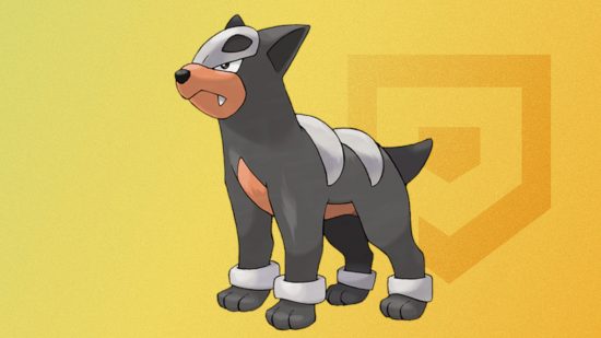 Image personnalisée de l'art officiel de Houndour sur fond jaune pour le meilleur guide Pokémon pour chien