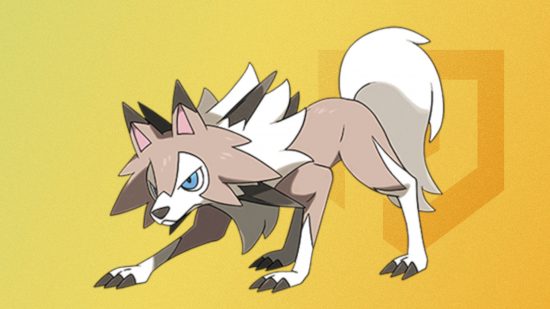 Image personnalisée de l'art officiel de Lycanroc sur fond jaune pour le meilleur guide Pokémon chien