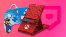 Two of the best Nintendo Switch accessories on a pink background