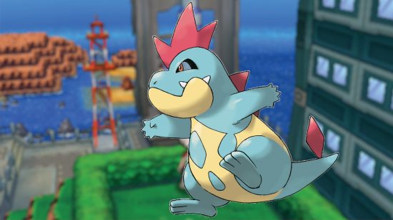 Pokémon coccodrillo Croconaw sullo sfondo dei Pokémon