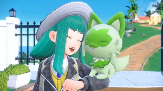 Girl games - a Pokémon trainer smiling with a Sprigatito on her shoulder