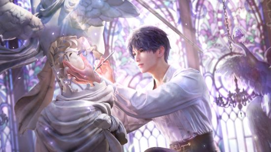Official artwork from one of the best otome games, Love and Deepspace, showing Rafayel carving a sculpture