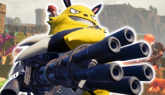 Palworld Switch: A huge yellow and black pal with a human on its back and it's holding a huge machine gun