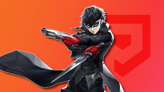 Persona 5's Joker from the fighting game, outlined in white and pasted on a red PT background