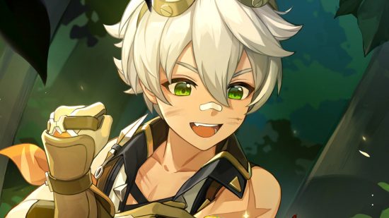 Genshin Impact Bennett's 2024 birthday art showing him smiling widely with a streak of dirt on his face as he shows off his muscles to a woodland creature off-screen
