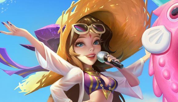 Idle Heroes codes - a girl with four arms holding a microphone with a large beach hat on