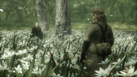 Giochi di Snake: uno screenshot di Snake in un campo di fiori bianchi in una giungla che affronta un nemico di MGS 3