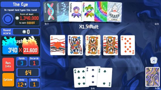 best Poker games - A screenshot of Balatro on Switch with cards on a table