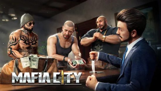 Best free mobile games: Mafia City. Image shows a bunch of gangsters and the logo of the game.