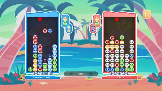 Best iPhone games: Puyo Puyo Puzzle Pop. Image shows a game in action, with two competing fields of Puyos.