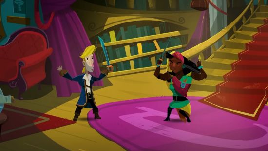 Best iOS games: Return to Monkey Island. Image shows Guybursh Threepwood involved in a sword fight in a scene from the game.