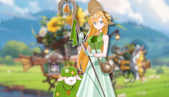 Fortress Saga codes: A blonde character dressed as Bo Peep with a green leafy sheep friend, outlined in white and pasted on a blurred image of the spring fortress skin