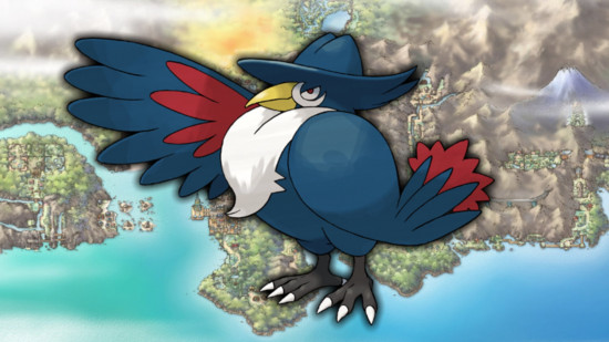 Murkrow evolution - Honchkrow in front of a map of Johto