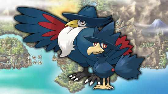 Murkrow evolution - Murkrow and Honchkrow in front of a map of Johto